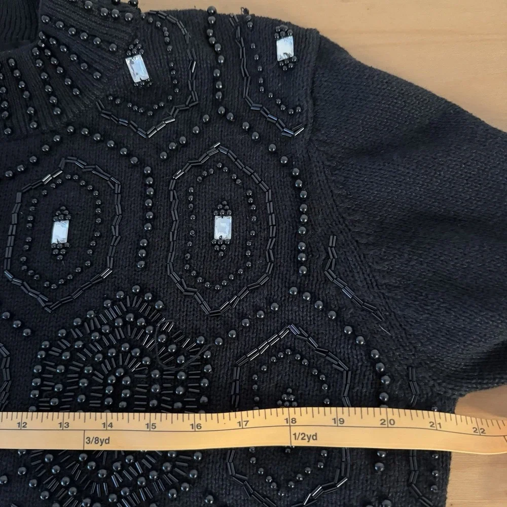 Vtg Womens Sweater XL Black Beaded Rhinestone Mock Neck Cotton Ramie Party 80s